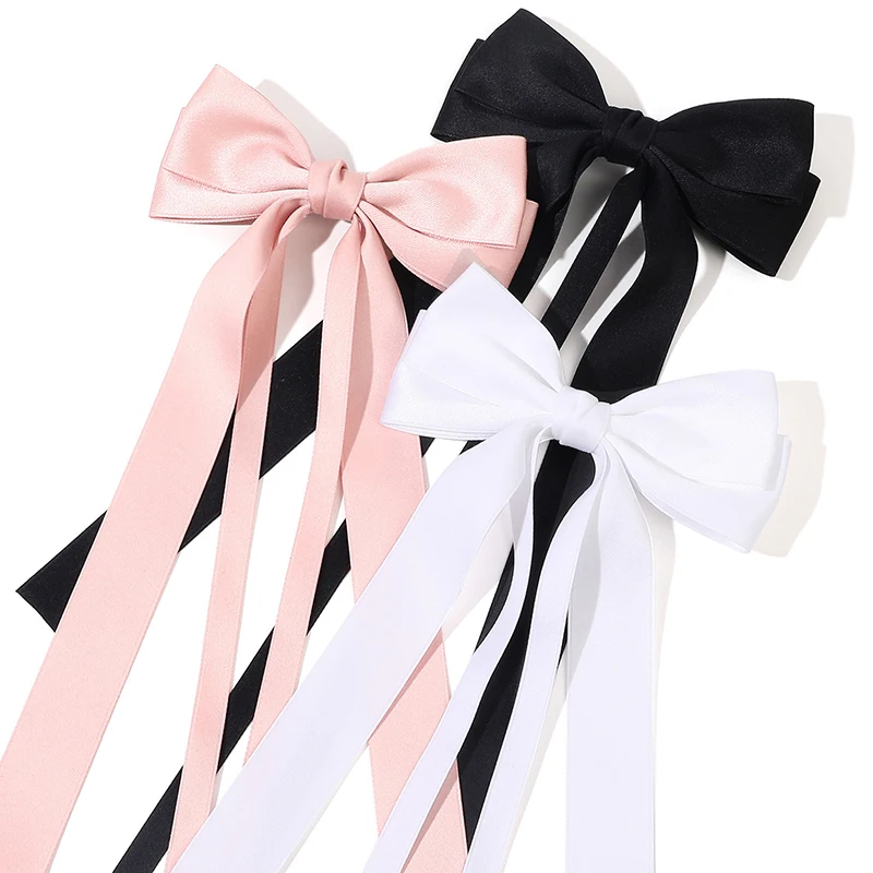 Ribbon Double Bowknot Duck Billed Clip for Women Girls Trendy Bow Long Tassel Hairpins Korean Style Solid Color Hair Barrettes