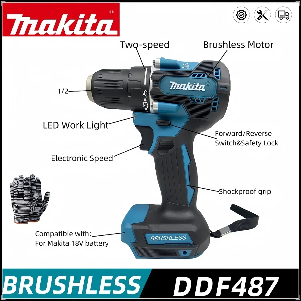 Makita DDF487 18V Screwdriver Cordless Percussion Drill Electric Variable Speed Brushless Motor Impact Power Tool Power Drill