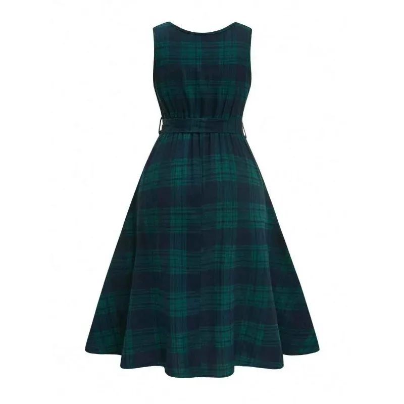 Vestido de talla grande 1XL-5XL nuevo a cuadros con cuello redondo para mujer falda larga elegante sin mangas a la moda para mujer