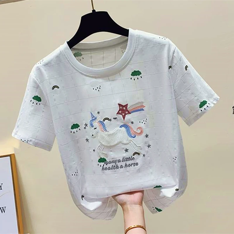 Cute Horse Cartoon Embroidery T-shirt for Women Casual O-neck Loose Summer Graphic T Shirts Japanese Y2K Tops White Short Sleeve