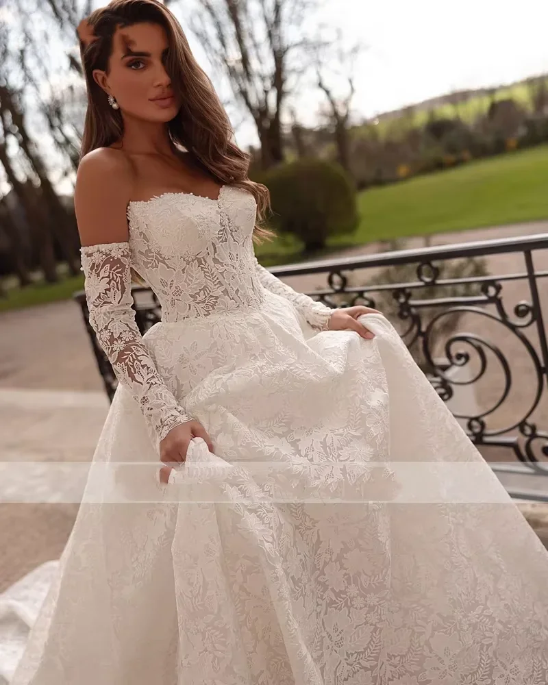 Personalizado luxuoso querida vestido de novia manga longa a linha rendas vestidos de casamento 2025 trem varredura princesa vestido de noiva