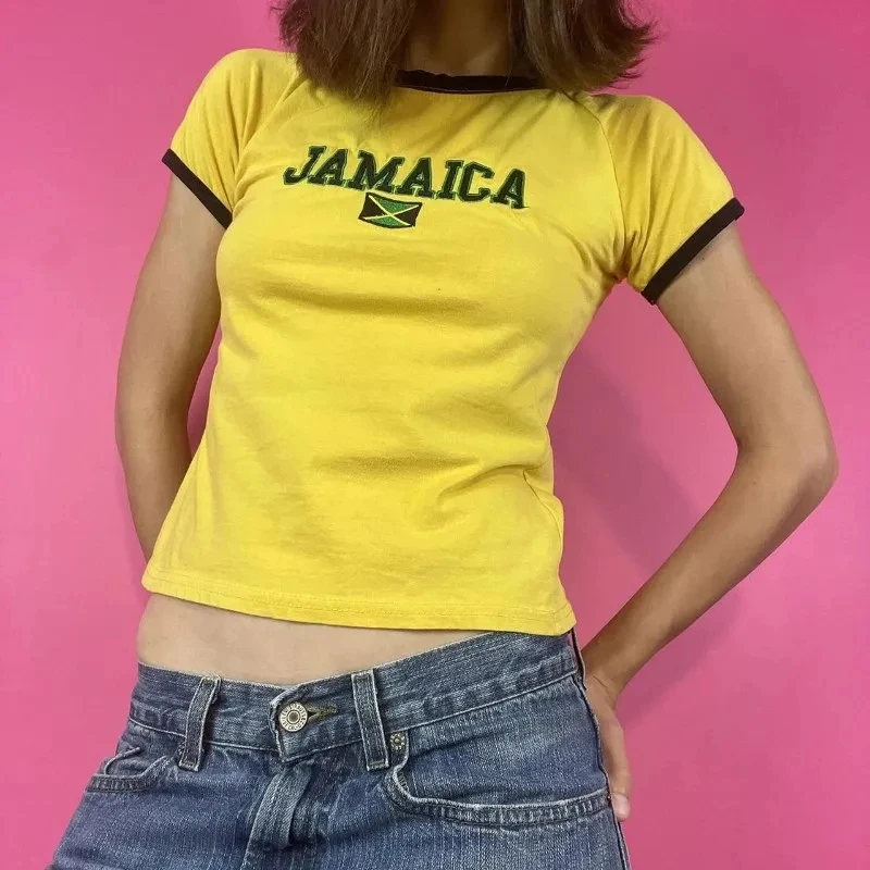 Jamaica Y2k Harajuku women's clothing sales T-shirt slim fit baby T-shirt retro Emo women's pattern printed Y2k clothing T-shirt