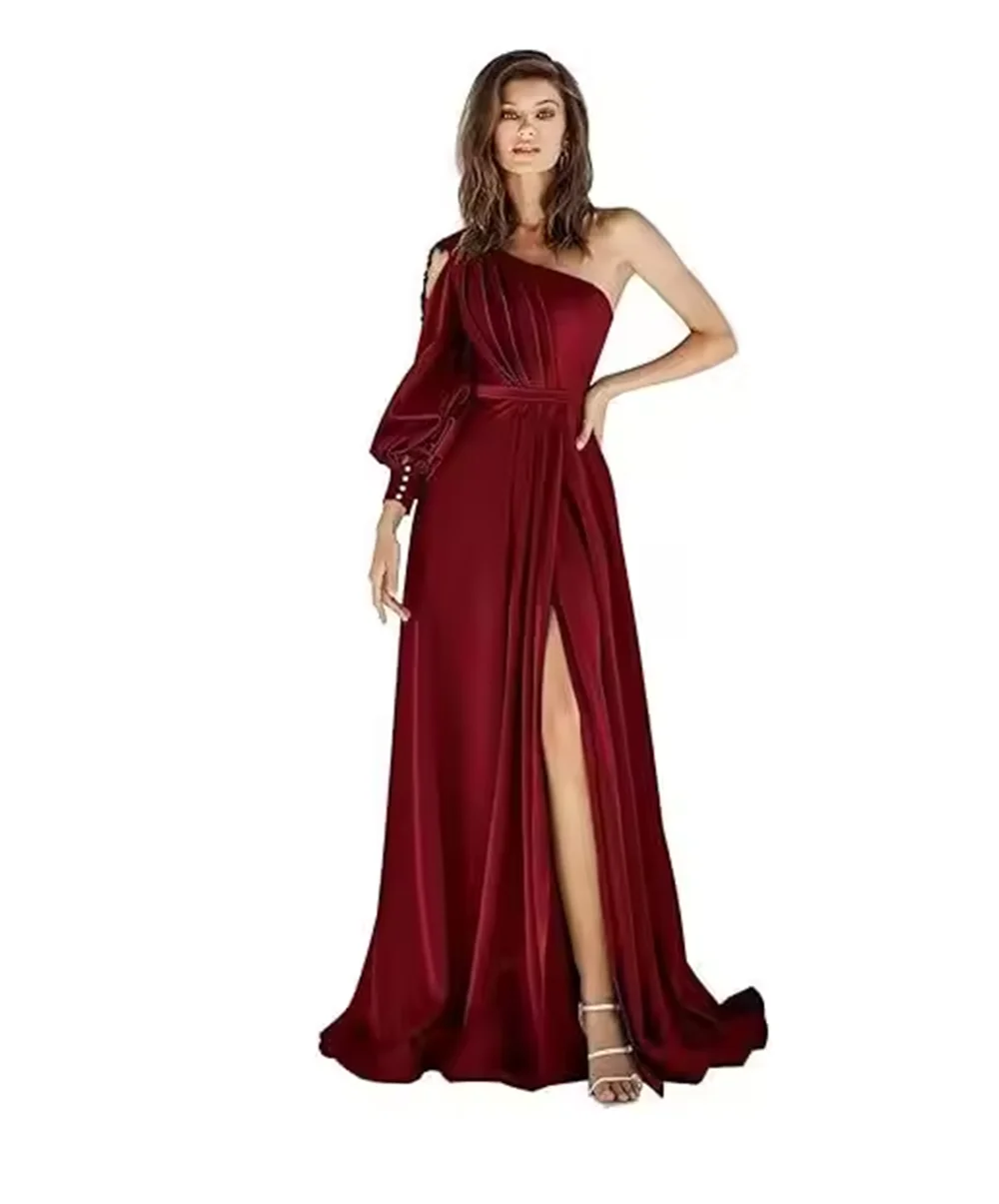 ชุดราตรีหรูหราแบบสั่งตัดสำหรับผู้หญิง ชุดเดรสออกงานแขนยาวแบบไหล่เดียว ทรงเอไลน์ยาวกรอมพื้น ผ่าข้าง ชุดราตรีงานพรอม