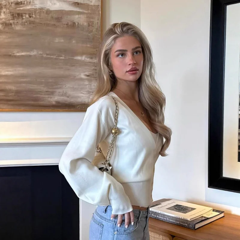 

Элегантный минималистичный кардиган с боковой пуговицей на талии, универсальный вязаный свитер, женский модный базовый шик