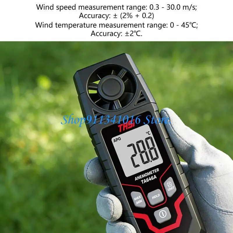 Handheld Anemometer with Wind and Temperature Measurement, Integrated Impeller, Configurable Auto-Off, Data Hold, and Built-In