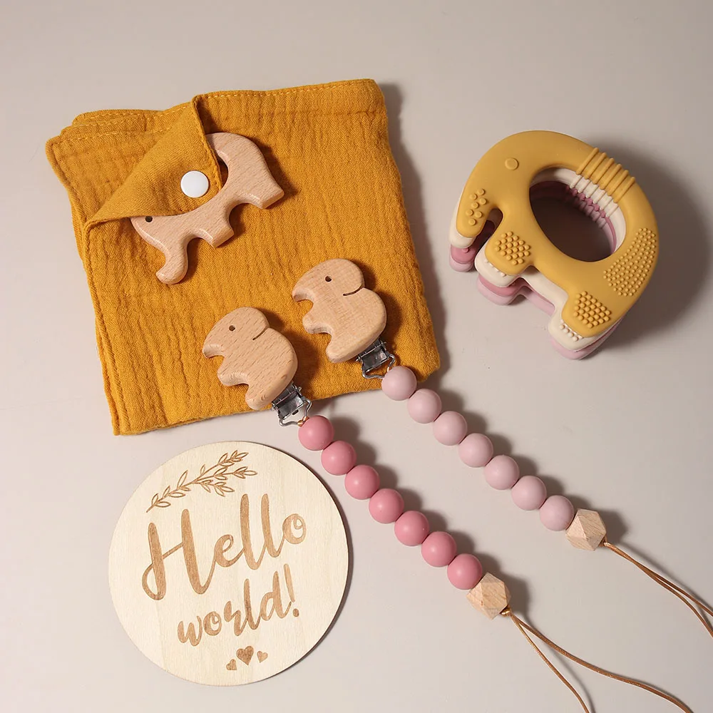 Baby bibs Gift Set With flamingo Teething Pacifier Chain Rattle wool brush New Born Baby Teether Set