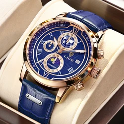 LIGE Blue Watch Fashion Business Mens Watches Casual Sport Leather Waterproof Chronograph Quartz Watch for Men Auto Date Clock