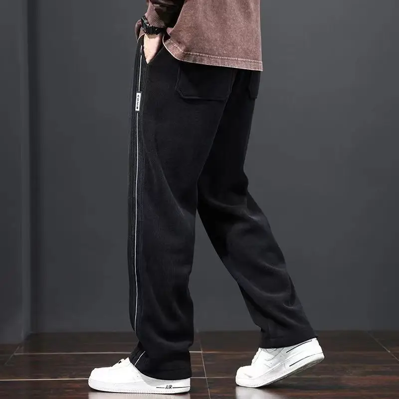 Spring Autumn New Fashion Casual Pants Men Solid Striped Elastic Waist Patchwork Drawstring Pocket Versatile Straight Trousers