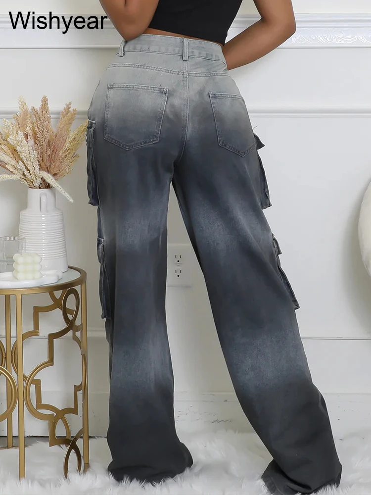 Pantaloni cargo a gamba larga in denim multitasche nero sfumato Pantaloni da fidanzato da strada con jeans larghi dritti a vita alta da donna