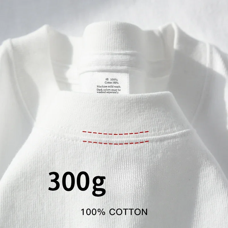 Beige 300g Heavyweight Cotton Short Sleeved T-shirt Summer Round Neck Loose and Base Shirt for Men Women Basic Tee image 3