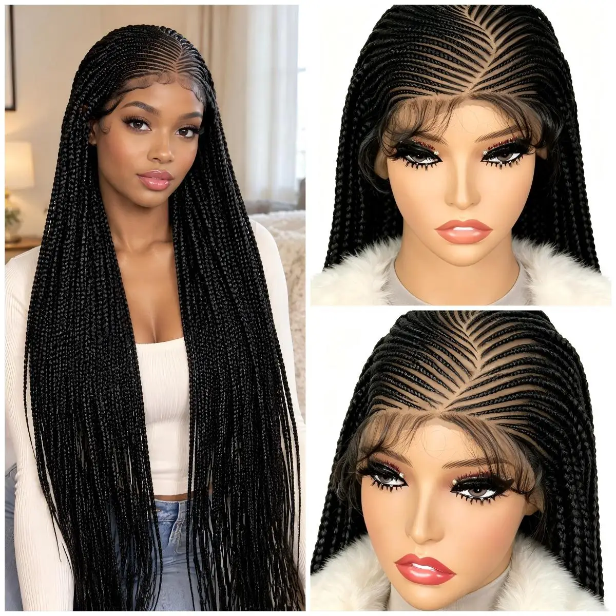 34 Inch Handmade Braiding Wig Full Lace Synthetic Afro Cornrow Braided Wigs Back Knotless Box Braids Wig for Black Women