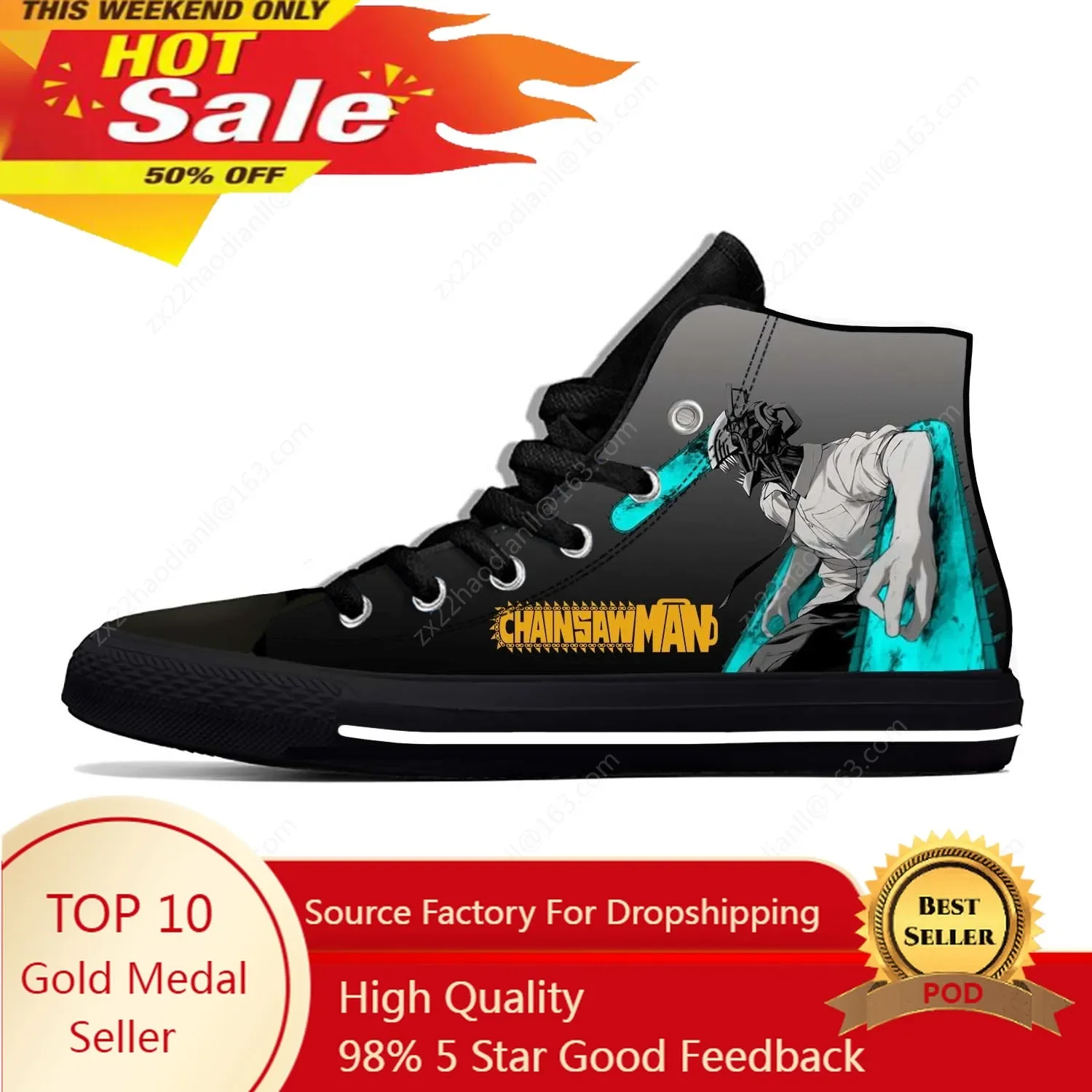 Hot Anime Chainsaw Man Lightweight Cloth 3D Print Funny Cute Fashion High Top Canvas Shoes Men Women Casual Breathable Sneakers