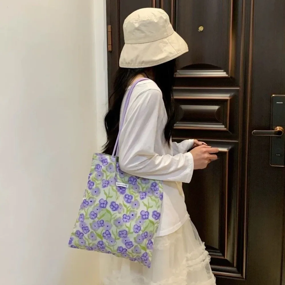 

Lightweight Double Sided Tote Bag Green Korean Style Purple Flower Shoulder Bags Elegant Commuting Shopping Handbags Women