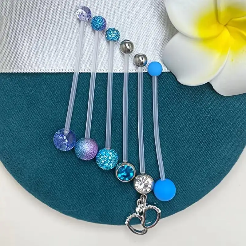 6pcs 14G Maternity Elastic Bioflex Long Navel Rings Pregnant Belly Button Retainer 38mm Length Acrylic Bar Body Piercing Jewelry