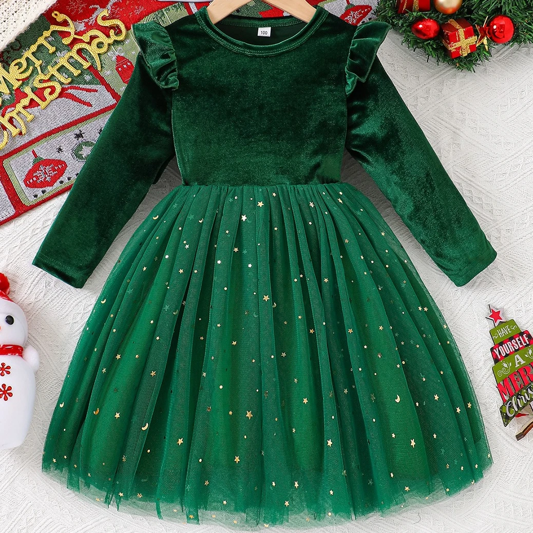 

Dress 2025 Autumn and Winter New Childrens Clothing Girl Baby Fashion Christmas Gold Velvet Long Sleeve Star Mesh Dress
