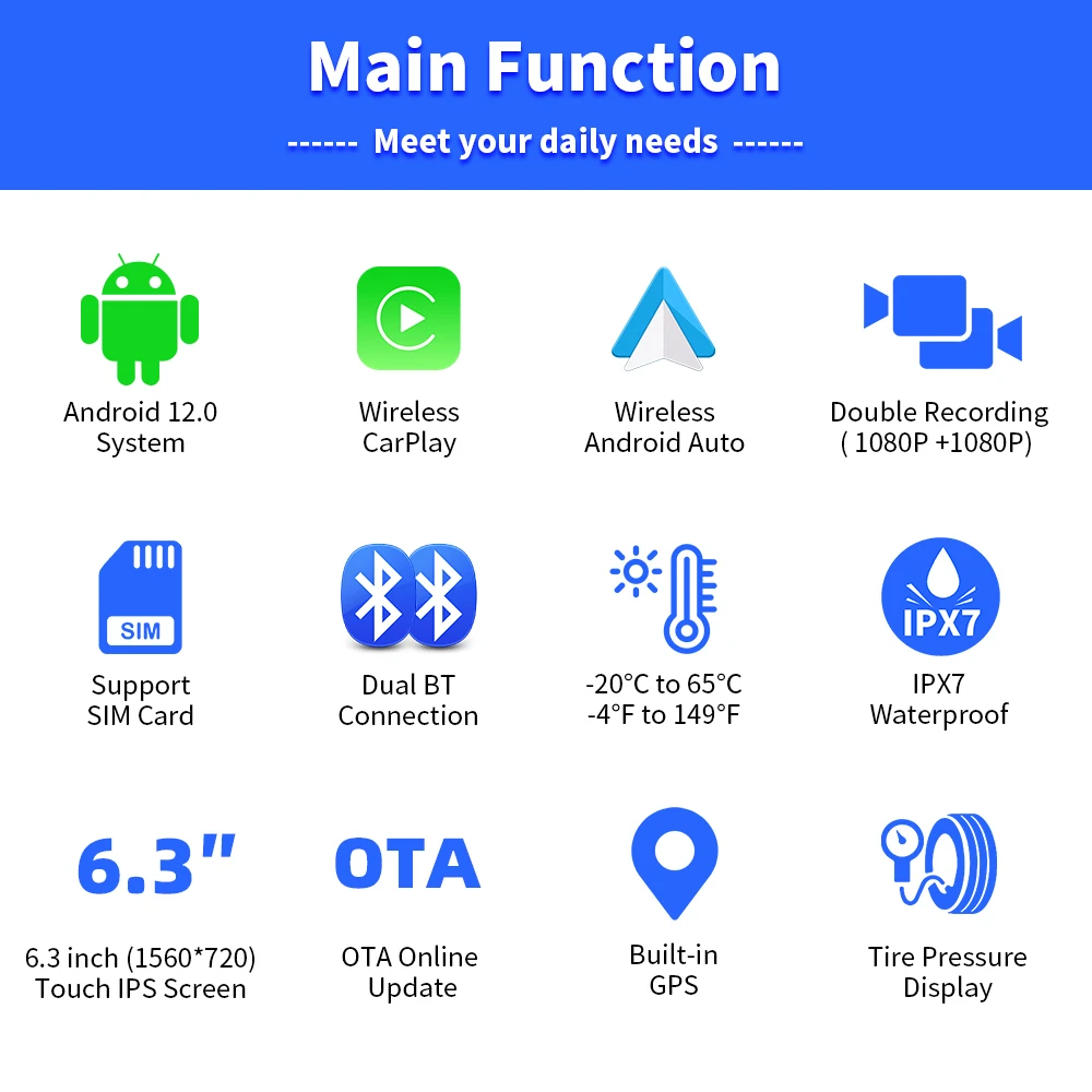 EKIY 6.3 "Tela de exibição de navegação GPS sem fio CarPlay Moto Android Auto Android 12 Painel digital portátil para motocicleta