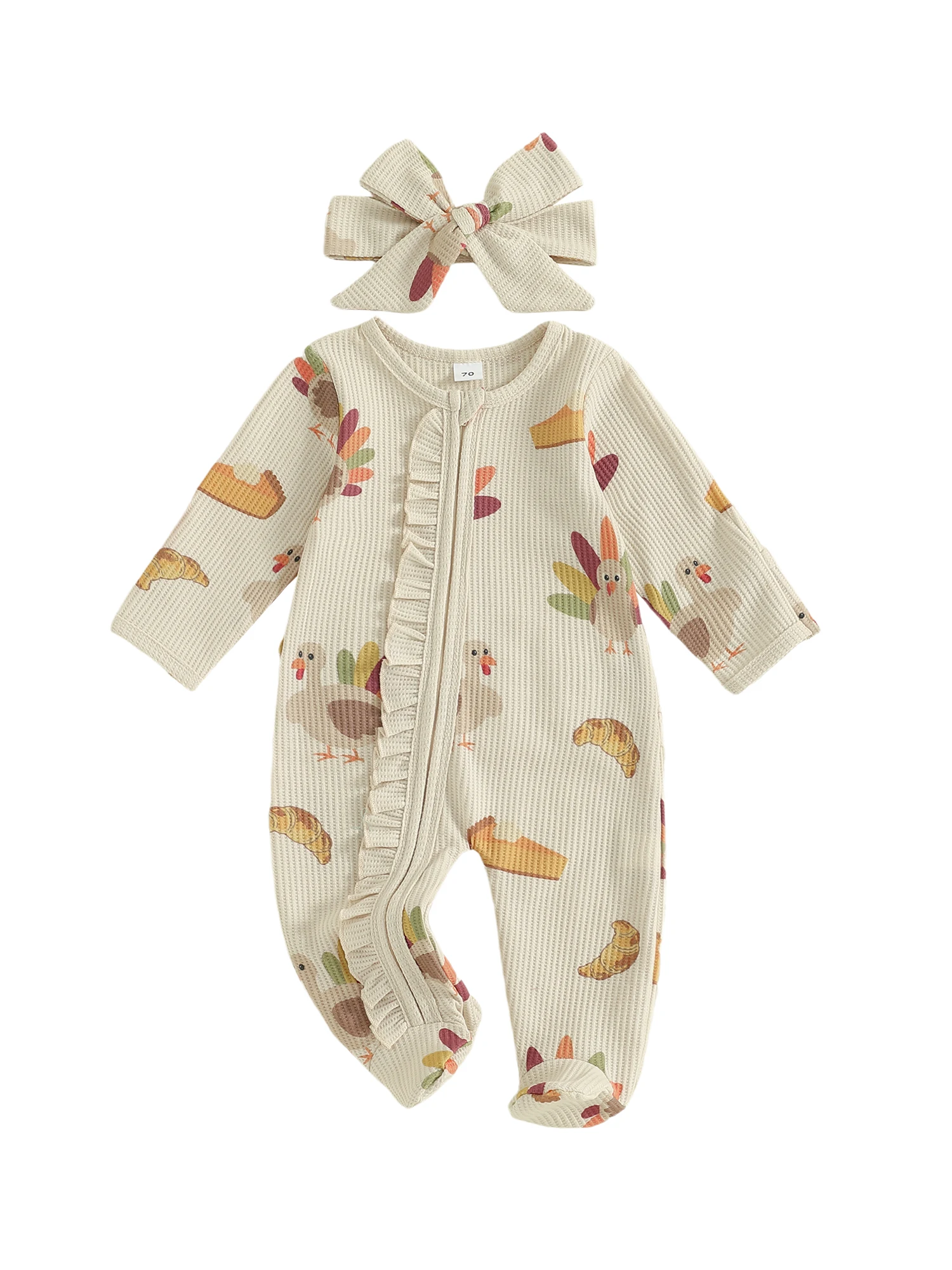 

Thanksgiving Baby Girl Outfit Long Sleeve Turkey Print Ruffle Footed Romper with Matching Headband 2 Piece Set for Fall