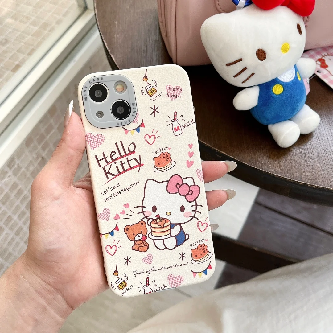 

Korean Cute Hello Kitty Bear Cartoon Phone Case For iPhone 16 15 14 13 12 Pro Max Plus MINI Y2K leather Creative shell Cover﻿