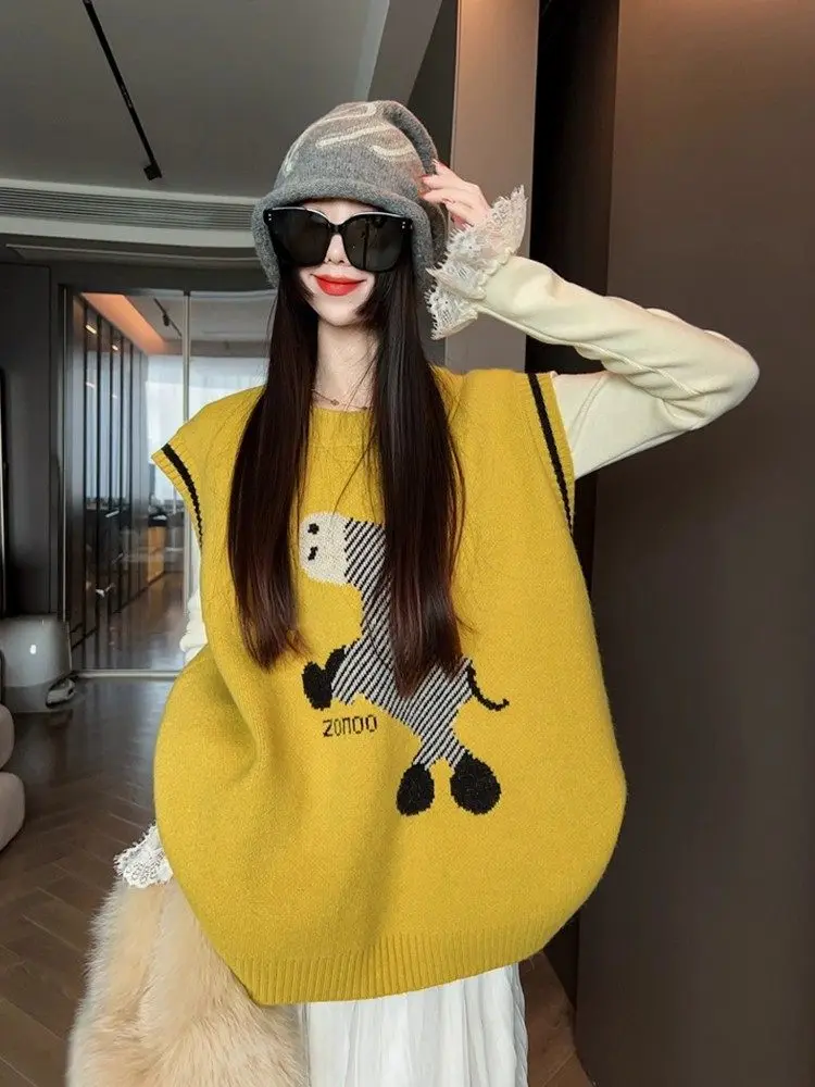 Koreańska żółta dzianinowa kamizelka z podszewką, damska odzież wierzchnia na jesień i zimę, modna kamizelka z poduszkami na ramiona, ciepły top.