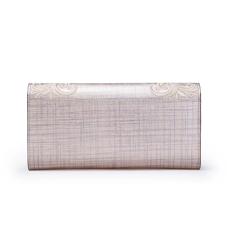 FOXER Split Leather Long Wallet Floral Embroidery Women's Clutch Multi Card Slots Wrist Phone Bag Photo Holder Pocket Coin Purse