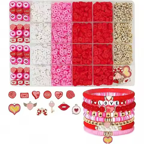 24 grid Valentine's Day polymer clay bead jewelry making kit, including soft ceramic beads, accessories, DIY bead jewelry making
