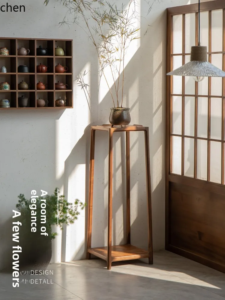 

QZT black walnut solid wood rack indoor living room flower pot rack balcony