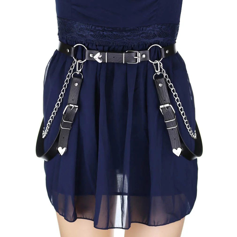 Punk Gothic Sex appeal Fashion PU Cortex Peach heart Love Belt Suspenders Chain Chest girdle Suspenders Body strap