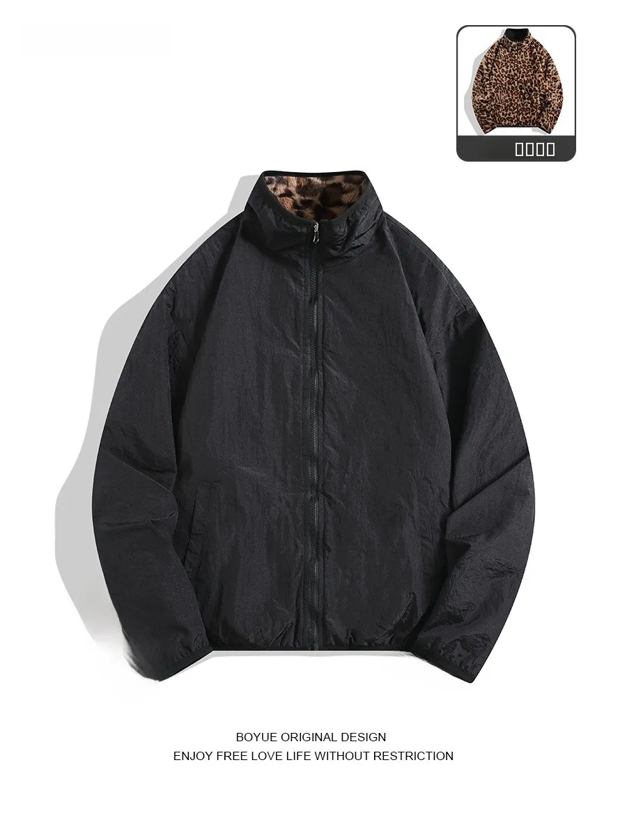 

Мужская хлопковая куртка Boyue с двусторонним ношением, леопардовым принтом, теплая, повседневная, уличная, с длинным рукавом, на молнии