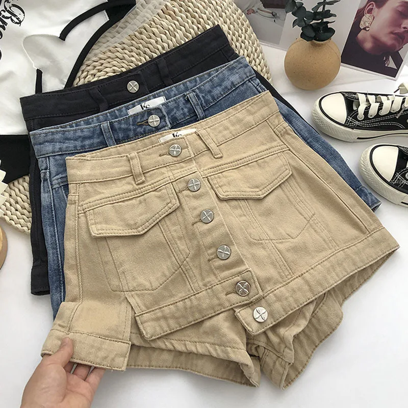 Streetwear Women All-Matching Single Breasted Denim Shorts Women's Fashion High Waist Slimming Wide Leg Jean Short Pants 2023