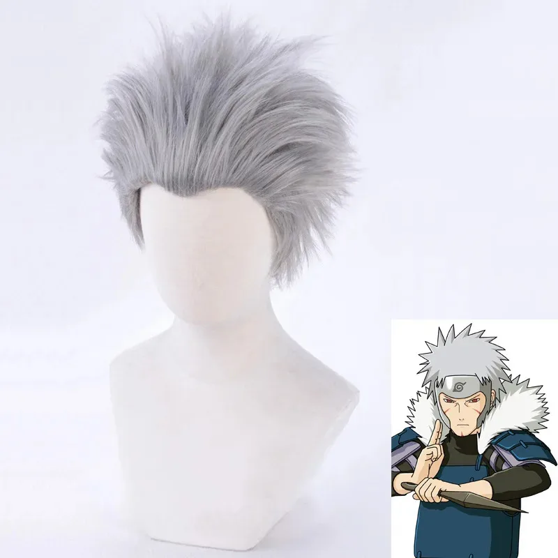 Shippuden Tobirama Senju 짧은 회색 내열성 합성 머리 코스프레 가발 + 가발 모자