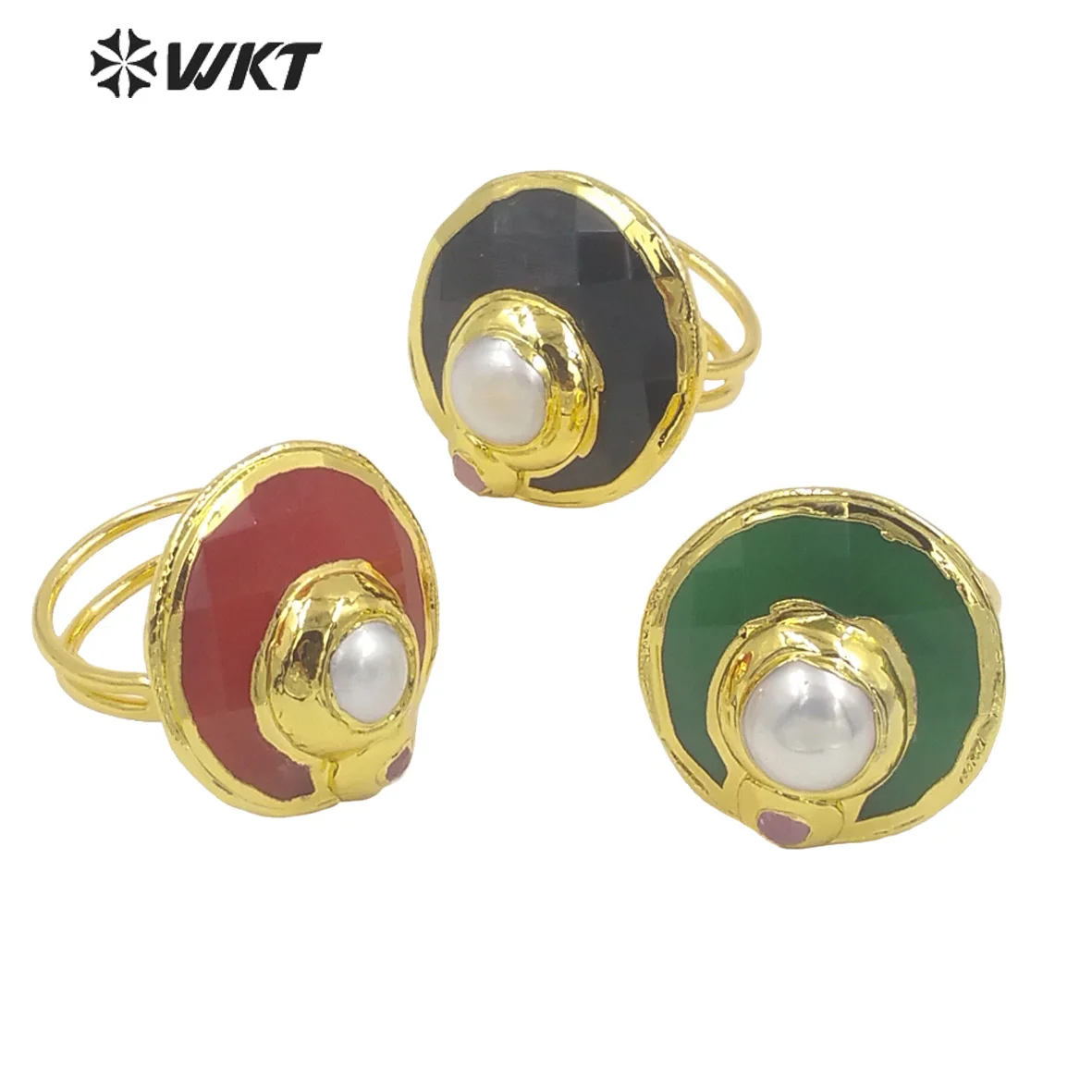 

WT-R401 WKT Fashion Cat eye With White Pearl Ring Colorful Natural Stone Ring Lady Jewelry Beautiful Adjustable Open Ring