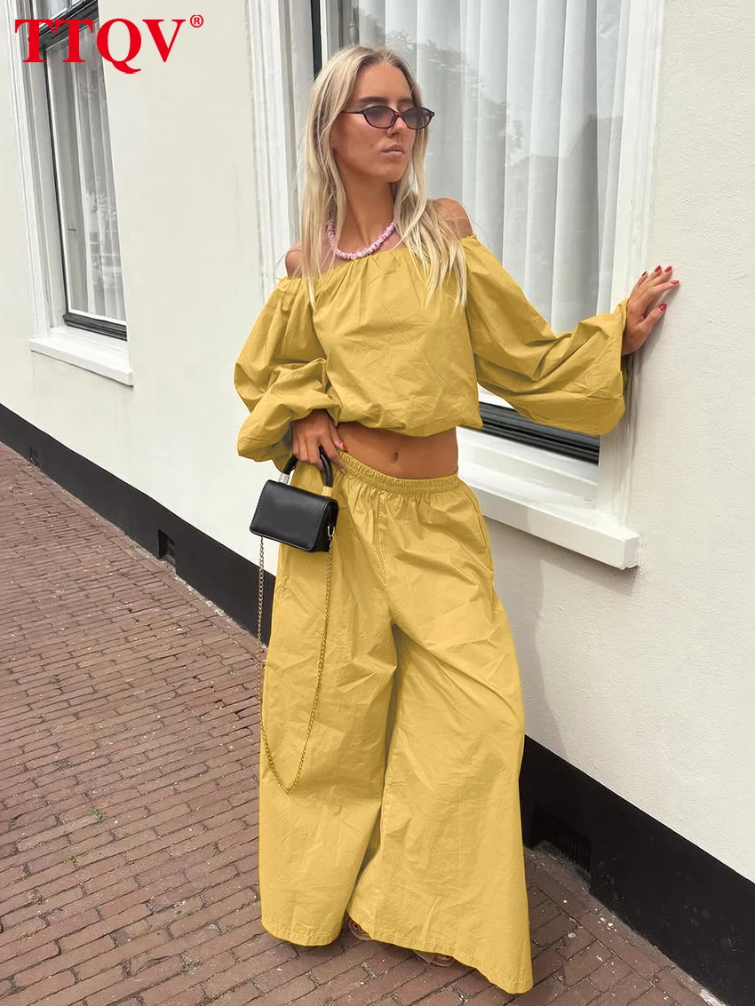 

TTQV Fashion Loose Yellow Cotton Women's Two Pieces Set 2026 Sexy Long Sleeve Crop Top With High Waist Wide Pants Set Female