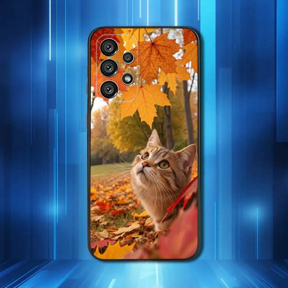Gato perezoso en hojas de otoño para Samsung Galaxy A53,31,52,72,41,22,73,32,71,Note,J7,8,9,5G funda de teléfono de silicona negra suave