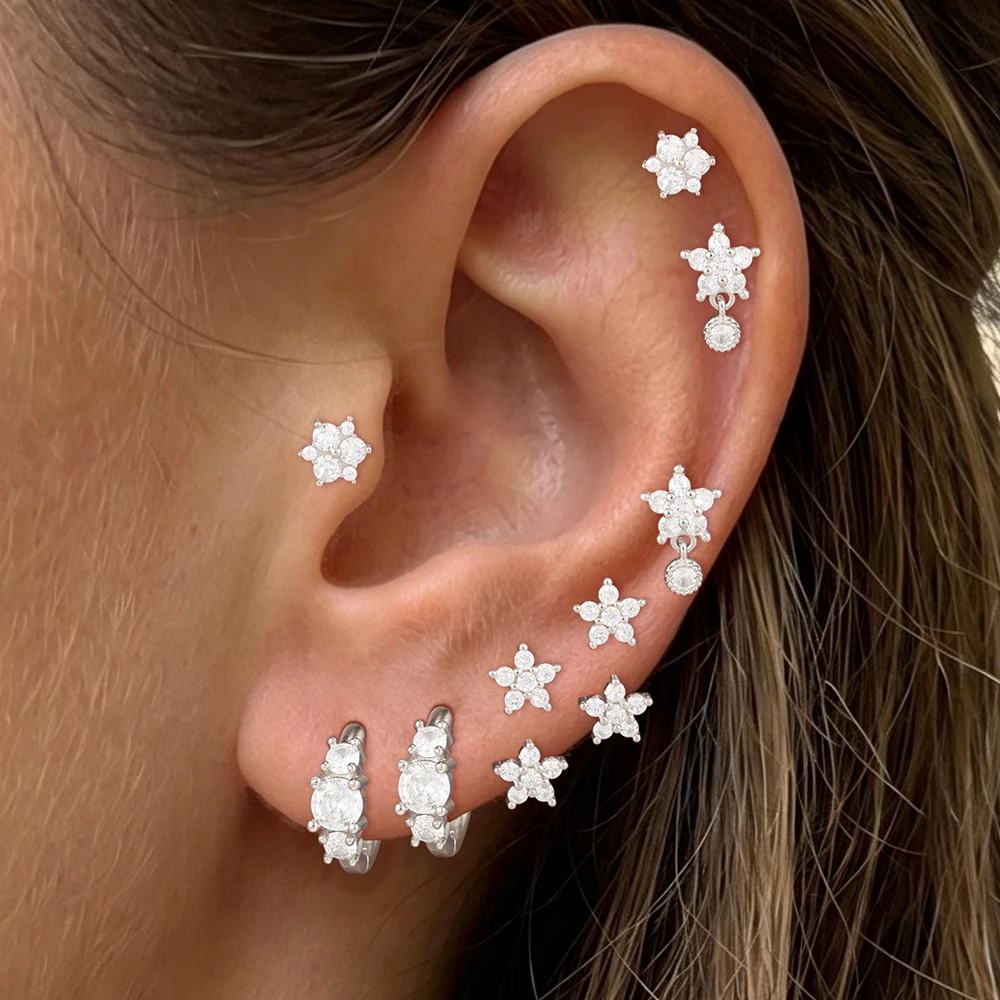4-teiliges/8-teiliges Set französischer Design-Zirkon-Doppelblumen-Ohrhänger für Damen, geometrische Creolen, koreanischer Modeschmuck – Detail 6