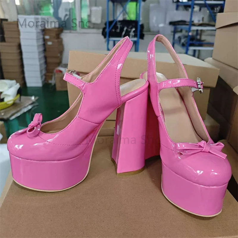 

Pink Chunky High Heels Sandals for Women Sweet Bowknot Patent Leather Platform Summer Shoes Baotou Back Strap Slingback Shoes