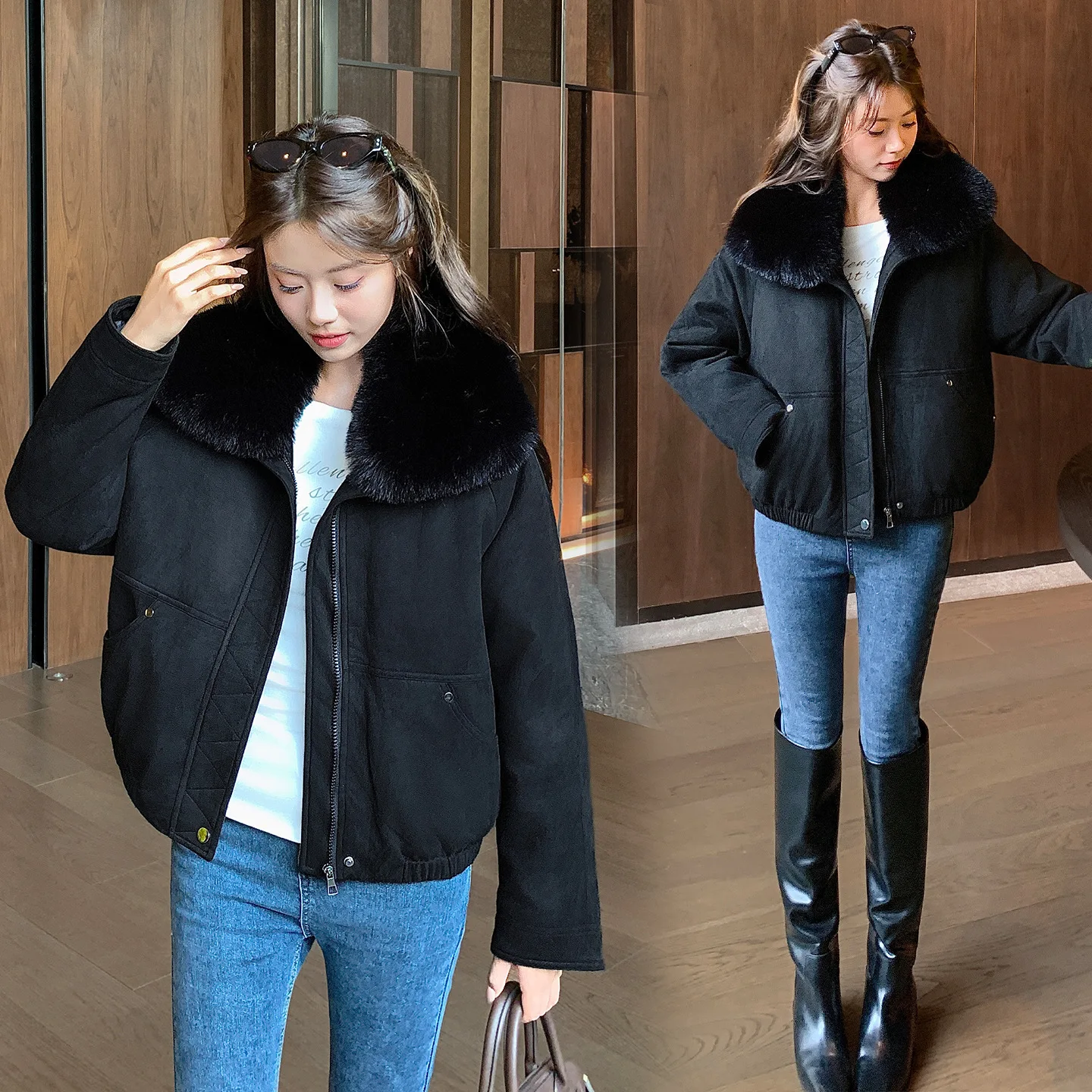 Women's Short Jacket Anti Lambhair Large Wool Collar Cotton Padded Warm Winter Coat Temperament Small down Cotton Jacket