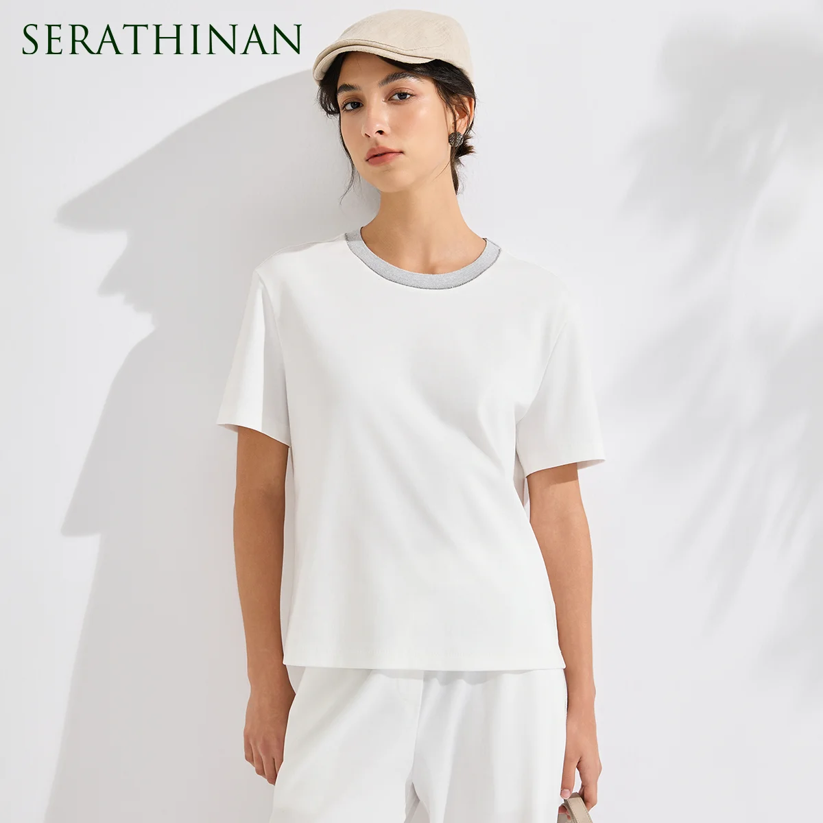 KX9613751 Luxury 100% Cotton T-Shirt Women's Contrast Ribbed Neck Short Sleeve Top Designer Slim Fit Office Lady Tee