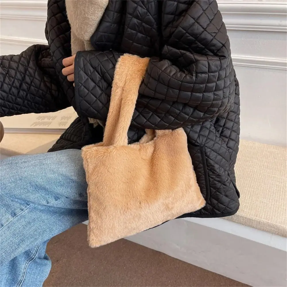 

Solid Color Cute Tote Bag Soft Plush Hand Bag Large Capacity Fluffy Shopper Bag Autumn Winter