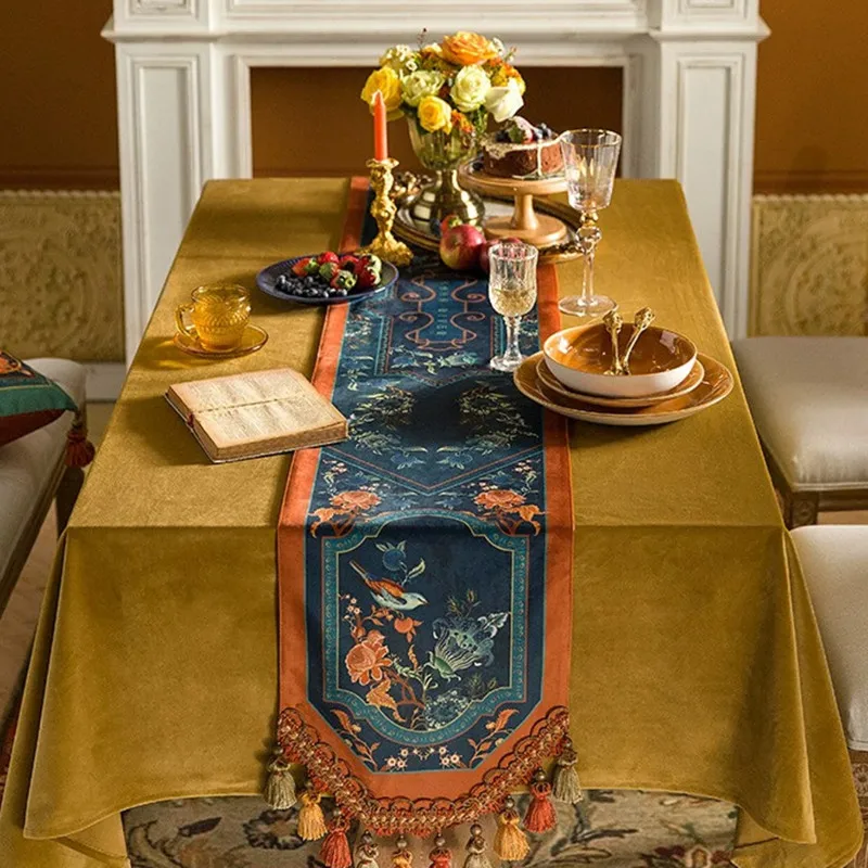 Vintage Chinese Floral Bird Print Velvet Table Runner with Tassels Luxury Dark Blue Long Table Flag Farmhouse Dining Table Party