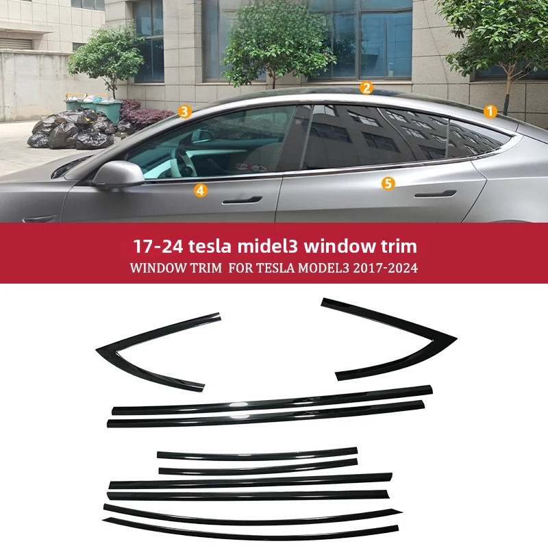 Suitable For 2017-2025 Tesla Model-3 Y Window Trim Modification Black Chrome Decorative Protective Auto Parts