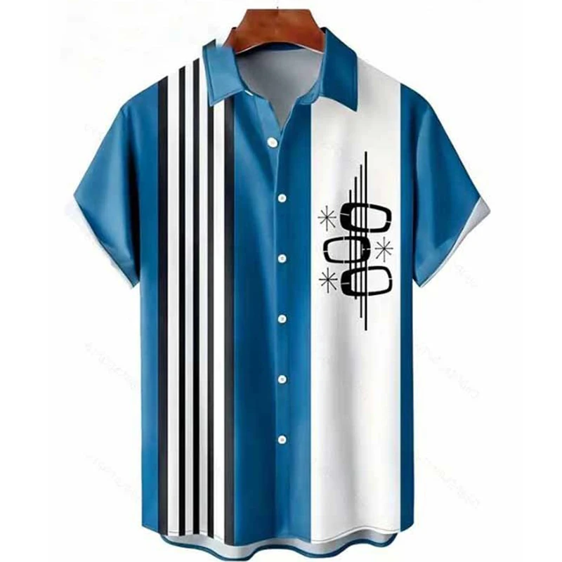 Fashion Lapel Asymmetrical Printed Striped Shirts Men's Clothing 2024 Summer New Loose Casual Short Sleeve Tops Irregular Shirts