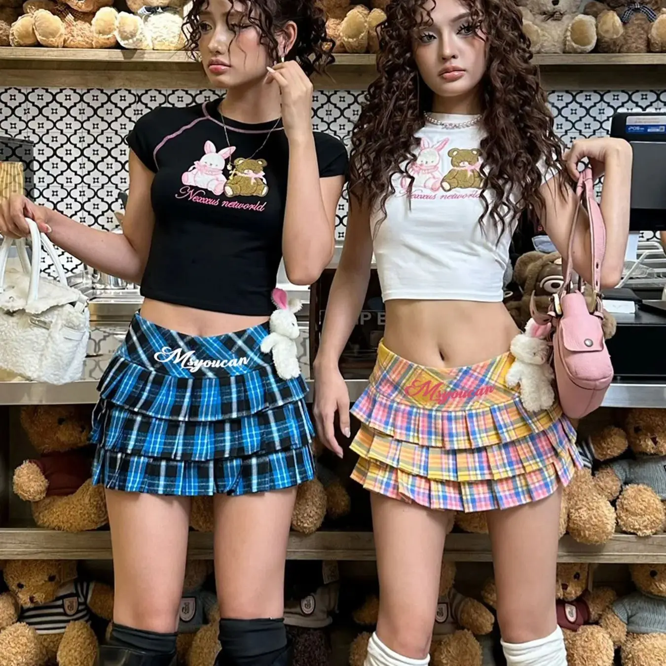 

Американская цветная клетчатая юбка для женщин Y2k, сексуальные юбки трапециевидной формы с низкой талией, новинка лета 2021, с принтом медведя Faldas Mujer
