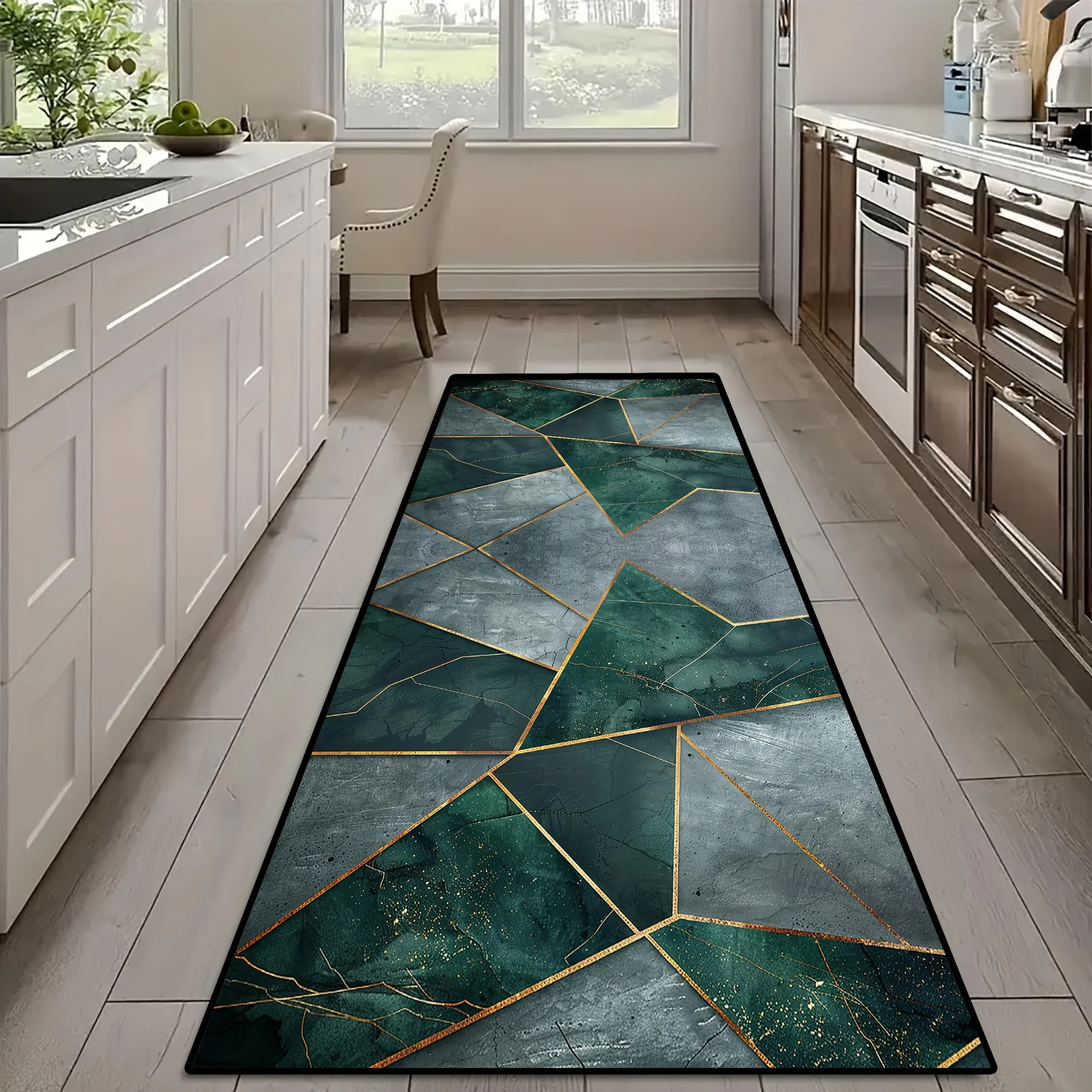 Emerald Green Gold Marble Geometric Kitchen Runner Rug Luxury Kintsugi Crack Texture Non Slip Long Floor Mat