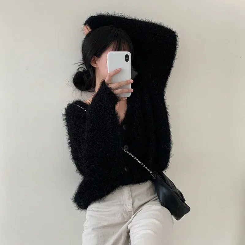 Korean V-neck Soft Mink Cashmere Cardigan Coat Women Long Sleeve Single Breasted Sweater Jacket Autumn Winter New Knitwear