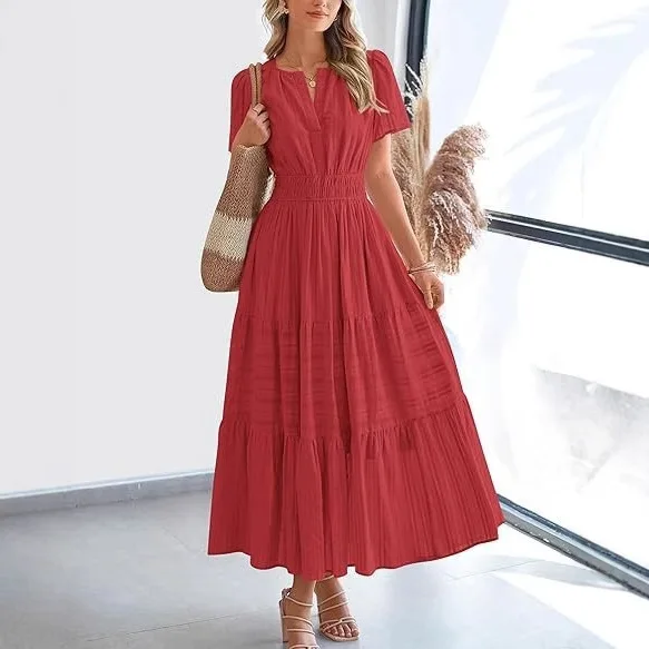 Women Summer Casual Maxi Puff Sleeve Long Swing Short Sleeve Dress V-neck  Elastic Waist Bohemian Side Pocket Beach Resort Wear - AliExpress 200000345
