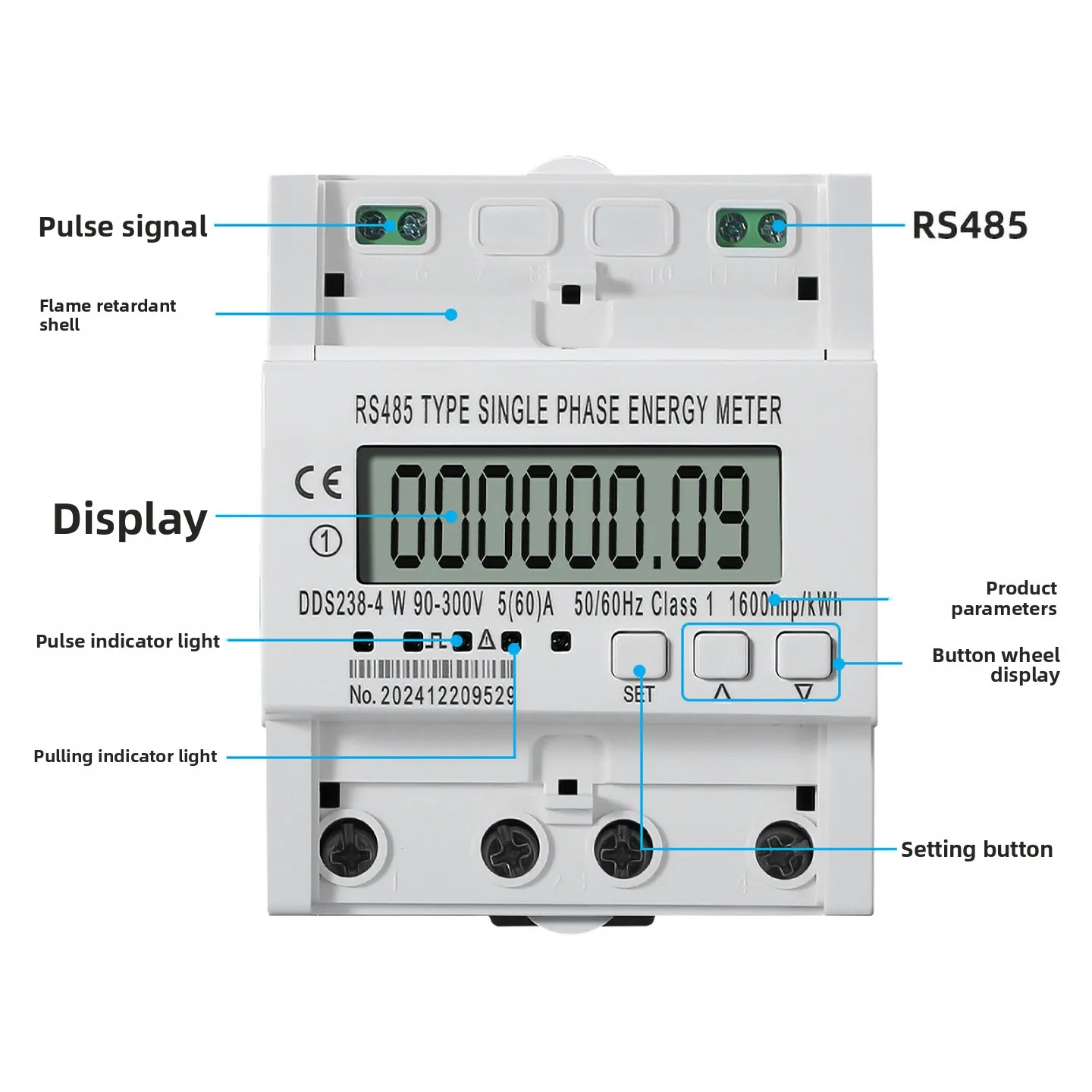 

Однофазный счетчик энергии с дистанционным отключением и нижним соединением связи RS485