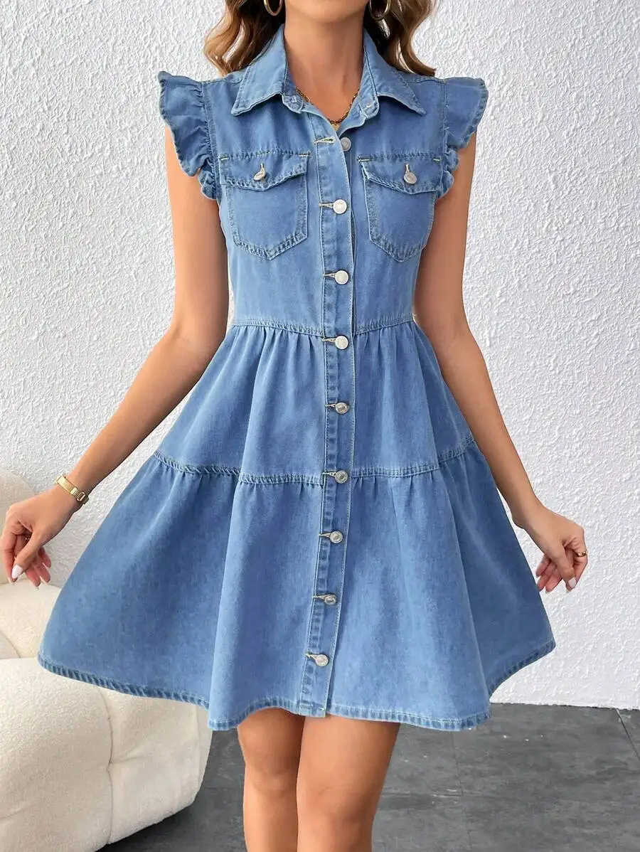 

Women's Light Wash Denim Button-Front Dress with Ruffle Cap Sleeves and Tiered Skirt