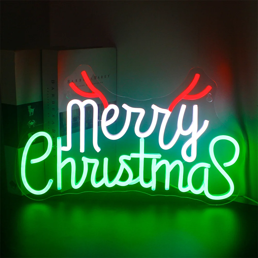 

Merry Christmas Neon Sign Green Red Wall Art LED Light Up Sign Dimmable Bar Party Kids Christmas Gift USB Night Light Logo