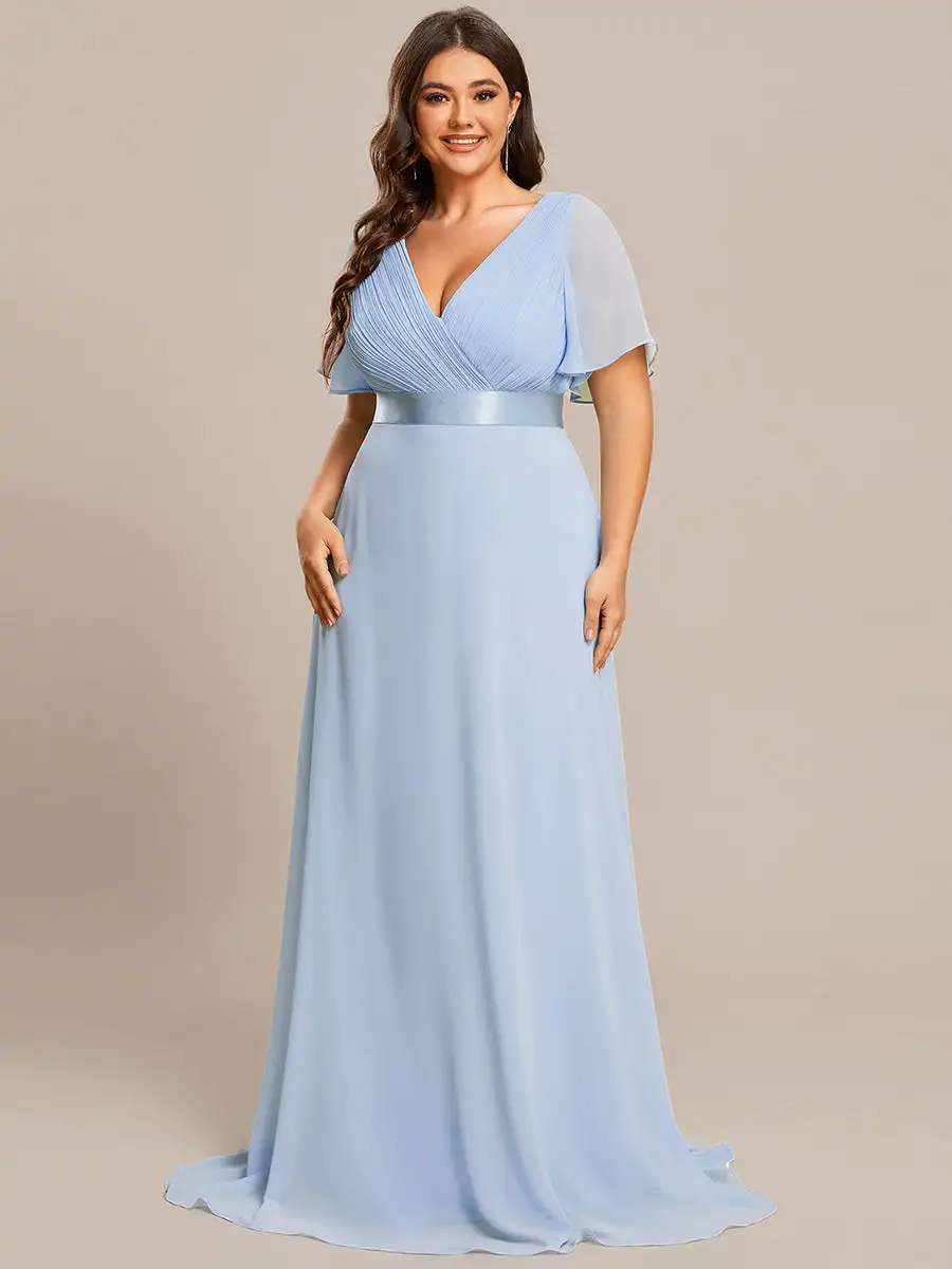 

Plus size Evening Dresses Deep V-neck Ruffles Padded Empire Waist 2024 Ever pretty of Chiffon Ice Blue Bridesmaid dress