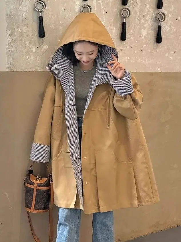 

Spring And Autumn Trench Coat For Women 2025 Khaki Hooded Mid Length Plaid Loose Design Jacket